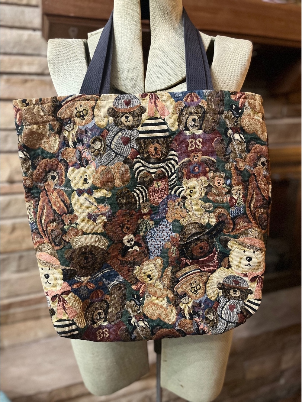 Vintage 1990s Ellen Originals Teddy Bear Tapestry Shoulder Bag, Made in USA